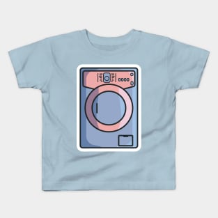 Electric Washing Machine Sticker vector illustration. Technology object icon concept. Modern laundromat, appliance for household chores. Front view of washing machine sticker design with shadow. Kids T-Shirt